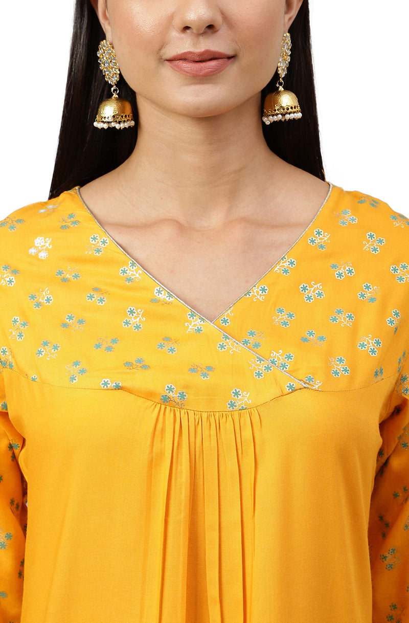 Janasya Women's Orange Rayon Gold Floral Print Straight Kurta(OFF-1201-KR-S)