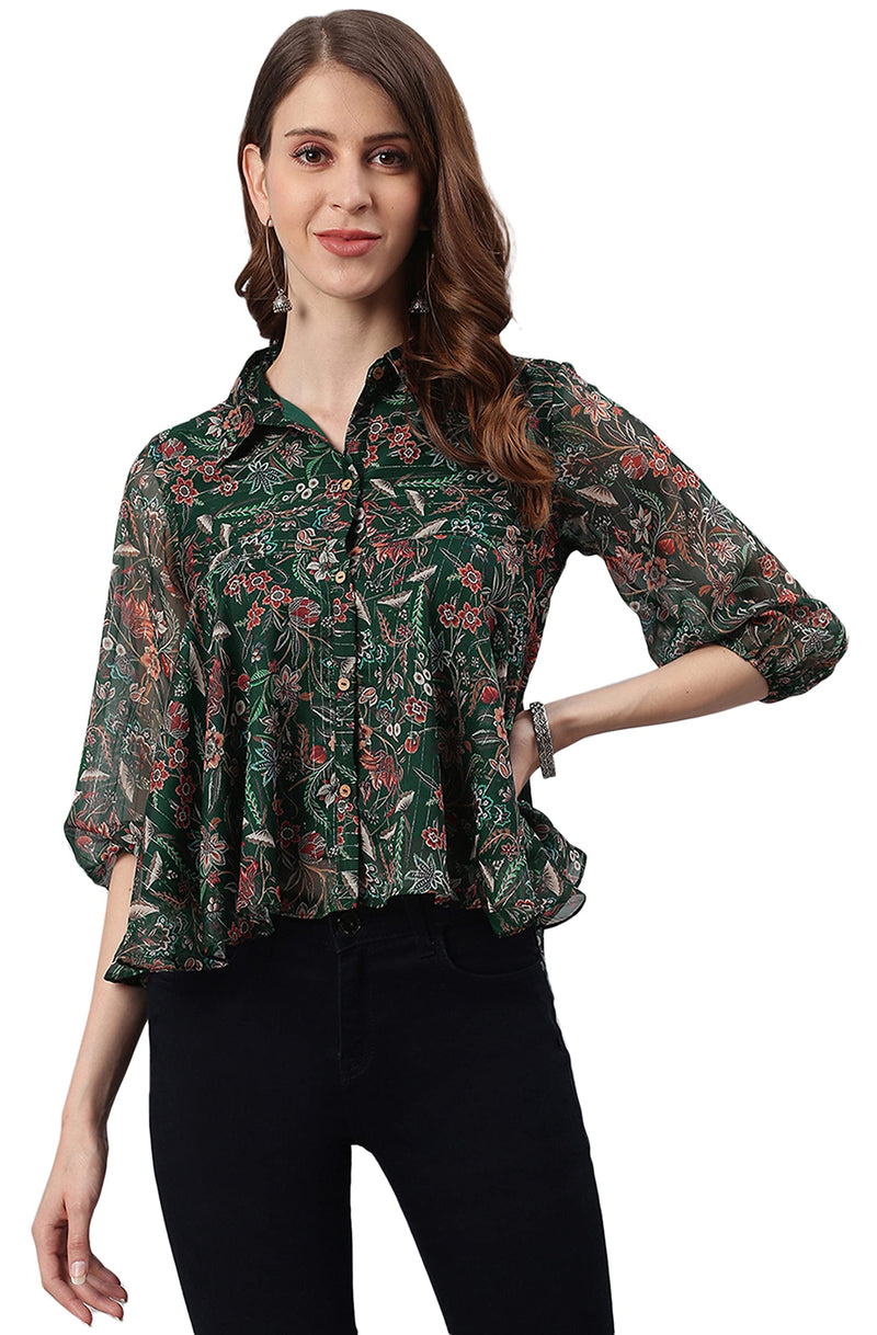 Janasya Women's Green Poly Georgette Floral Print Regular Top(J0340-TP-M)