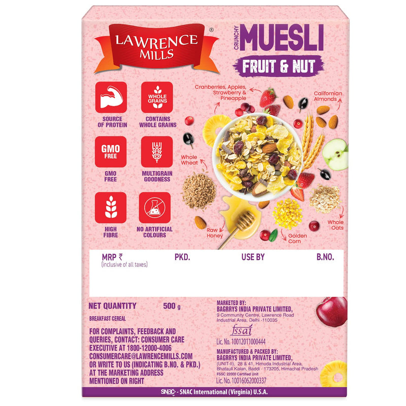 Lawrence Mills Crunchy Muesli 500gm Box, 85% Fruit Nuts & MultiGrains|Source of Protein & Fibre|Goodness of 6 Fruit & Nuts|WholeGrains Muesli|No TransFat|No Artificial Colors|Cholesterol Free Muesli