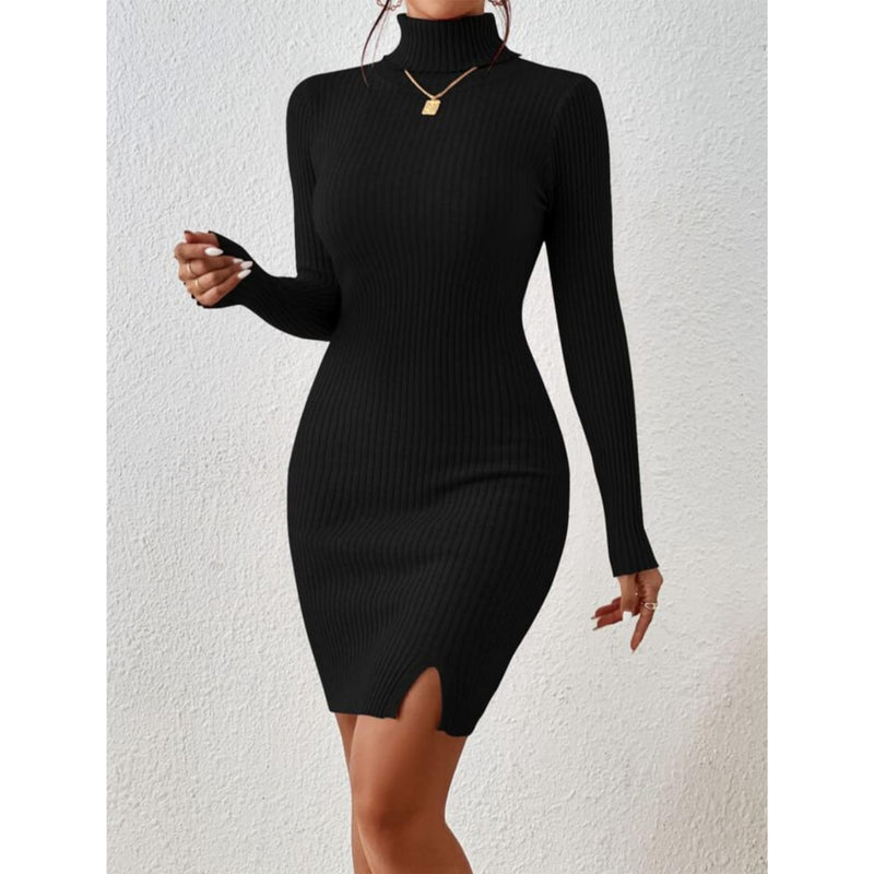 GLARE & BLAIR Solid Women Casual Turtle Neck Ribbed Knit Long Sleeve Bodycon Dress (Small, Black)