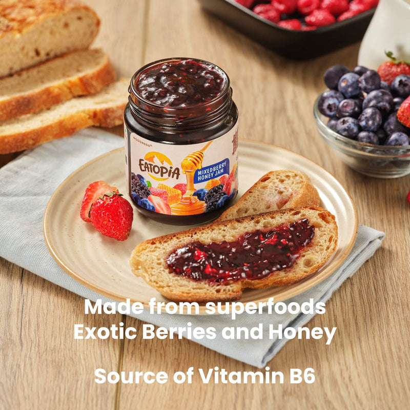 Eatopia Mixed Berry Sugar Free Honey Jam in Fresh with Strawberry, Mulberries & Blueberries | 100% Pure & Natural with No Artificial Chemicals/Preservatives | Healthy Good for Gut Health (240g)