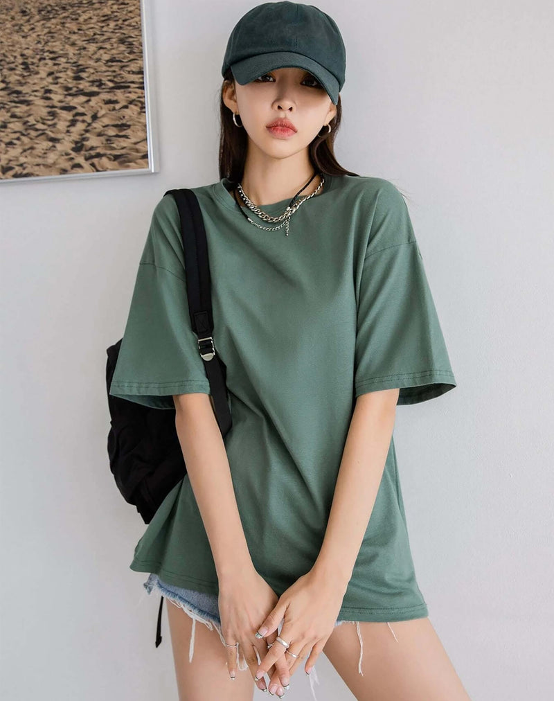 London Hills Women's Casual Round Neck Solid, Oversized Longline Drop Shoulder T-Shirt Green_ Magenta