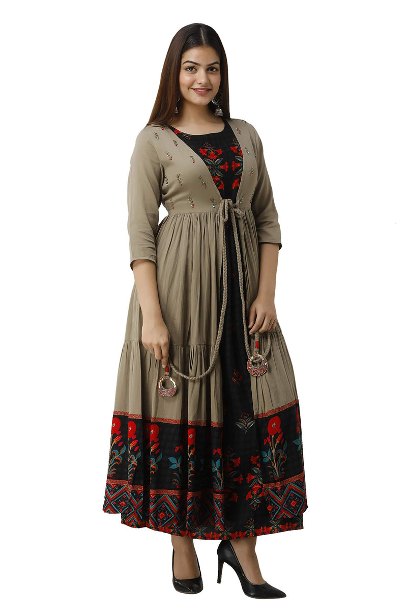 Nehamta Women's Cotton and Rayon Anarkali Printed 3/4 Sleeve Ankle Length Dress (Black & Metallic Brown_M)