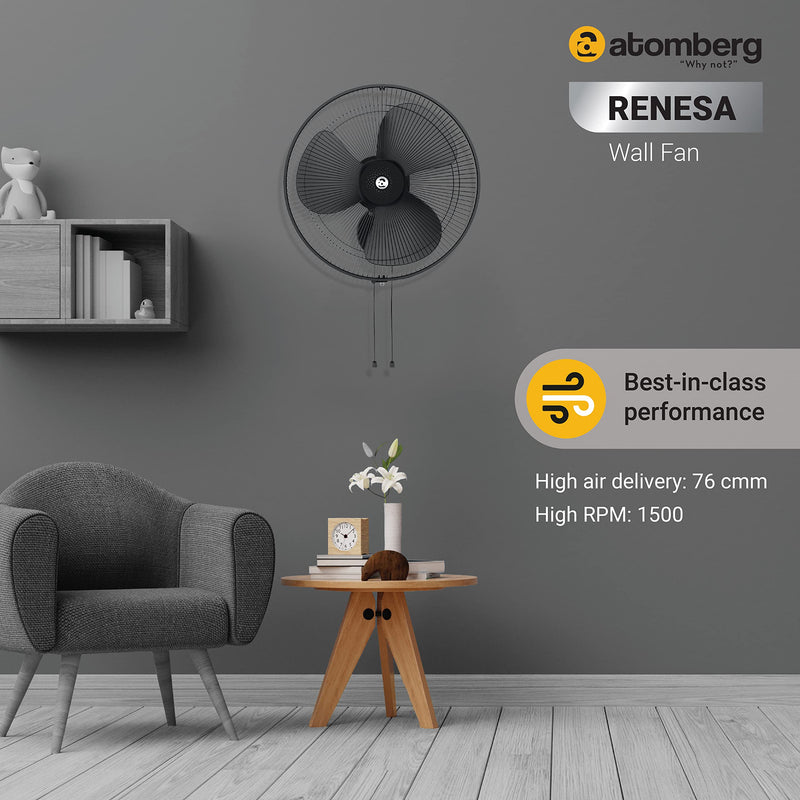 atomberg Renesa 400mm Wall Fan | Silent BLDC Fan | Remote with Timer & Sleep Control | 1+1 Year Warranty (Midnight Black)