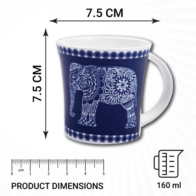 Femora Majestic Elephant Design Tea Cups, Ceramic Tea Cups, Coffee Mugs (160 ml) - 6 Pcs Set (Blue)