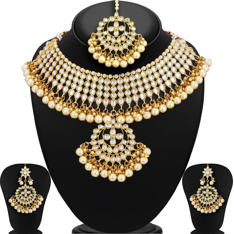 Sukkhi Trendy Kundan Gold Plated Wedding Jewellery Pearl Choker Necklace Set for Women (N73544)