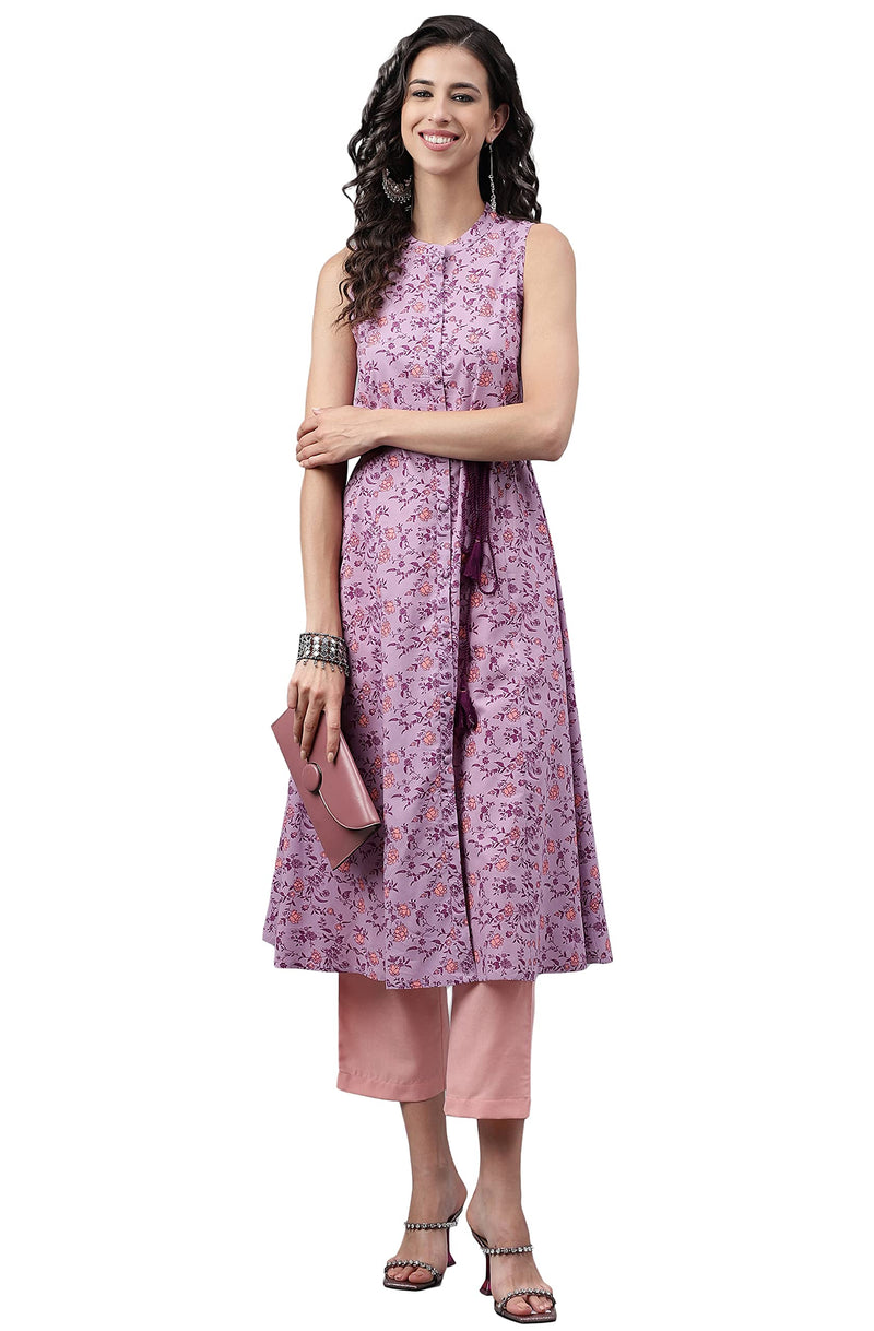 Janasya Women's Lavender Cotton Floral Printed A-Line Kurta(JNE4126-KR-A-L)