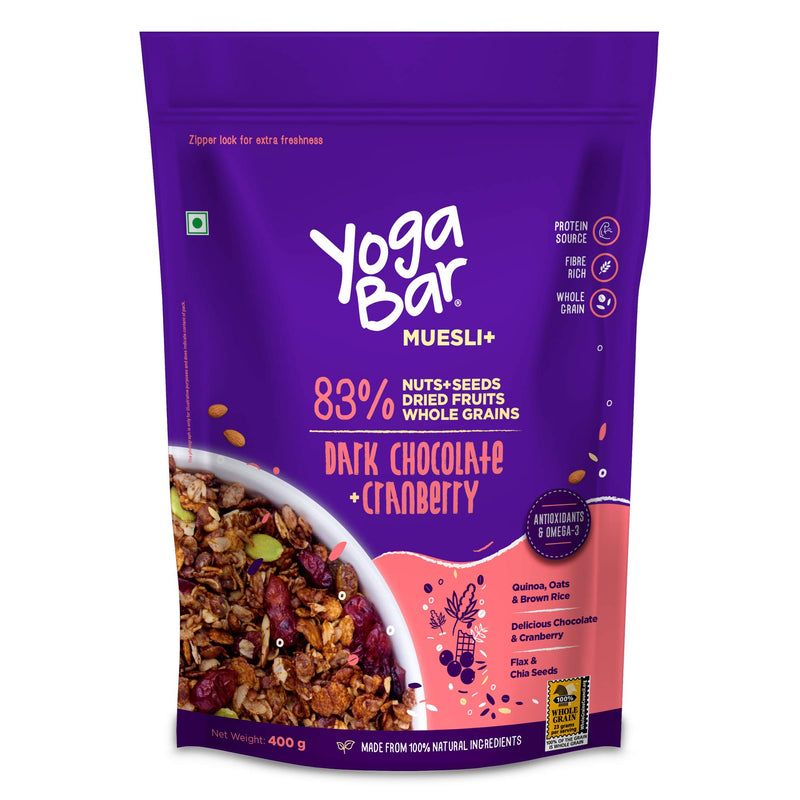 Yogabar Wholegrain Breakfast Muesli - Dark Chocolate + Cranberry,400g| Healthy Breakfast Cereals | Granola | Gluten Free | Antioxidant Rich | Healthy Food for Breakfast | Protein Rich