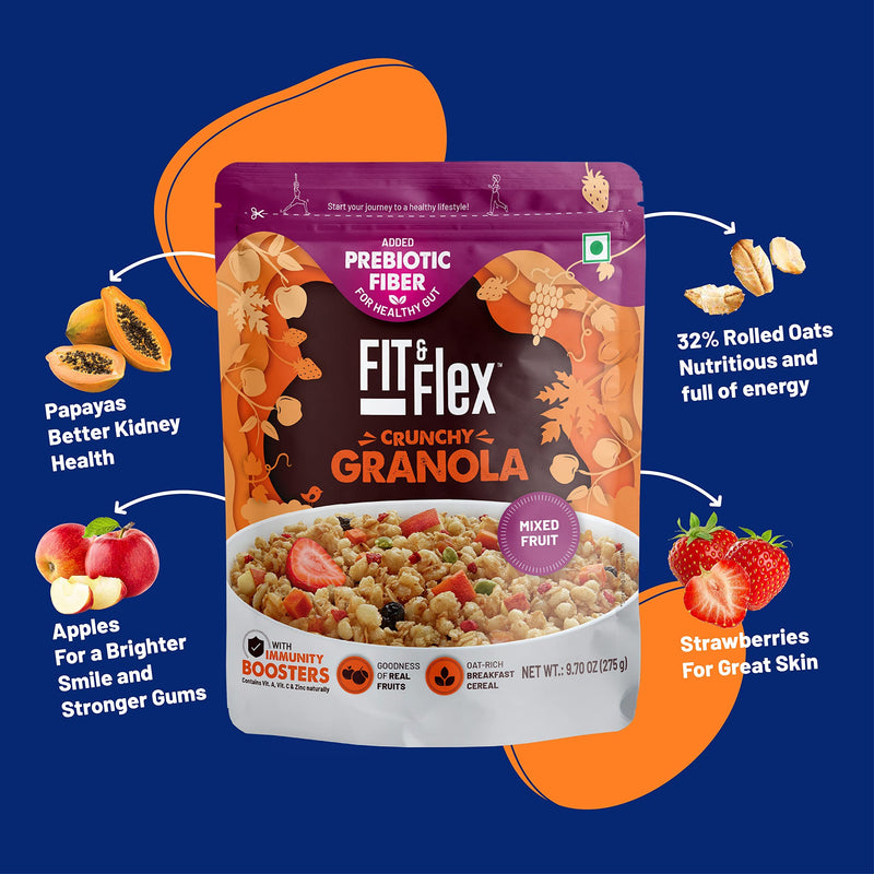 Fit & Flex Baked Granola | Mixed Fruit | Oat Rich Cereal with Real Freeze Dried Fruits | Ready to Eat Healthy Breakfast Food | Cholesterol Free with Immunity Boosters - 275 GM