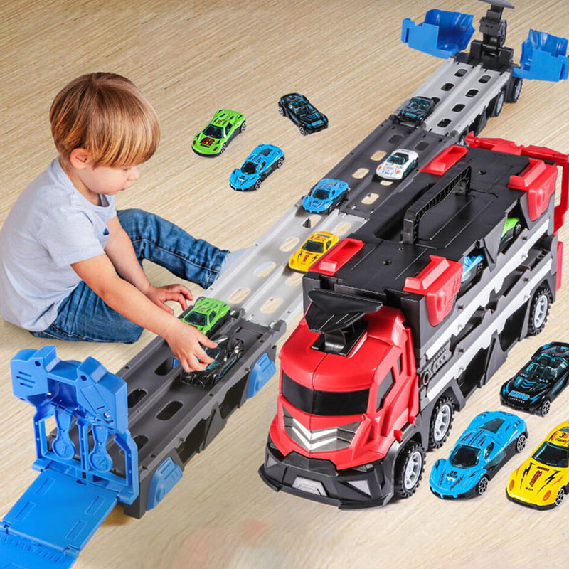 Kidology Mega Hauler Truck with Ejection Race Track- Large Truck Folding Children's Toy Car Includes 4 Alloy Car Track Racing Storage Container Toy for Kids (Red)