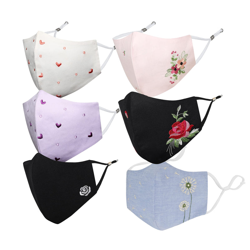 MASQ By Q-One Hearts and Flowers Breathable Protective Reusable Washable Masks, Anti-Bacterial (BFE>99%) 4 Layer Embroidered, Fashionable Cotton Cloth Face Mask for Women and Girls with Ear Adjusters