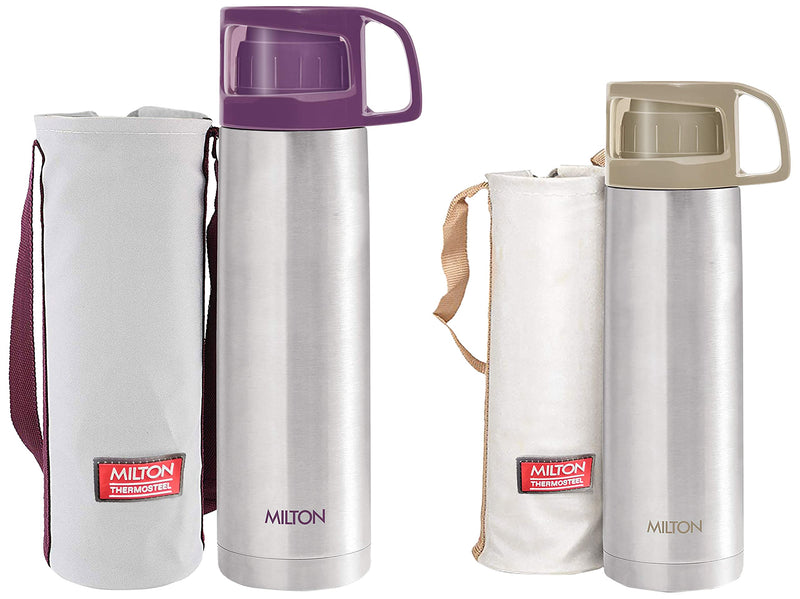 Milton Glassy Flask 1000ml Vacuum Flasks - Purple & Glassy Flask 500ml Vacuum Flasks - Beige Combo