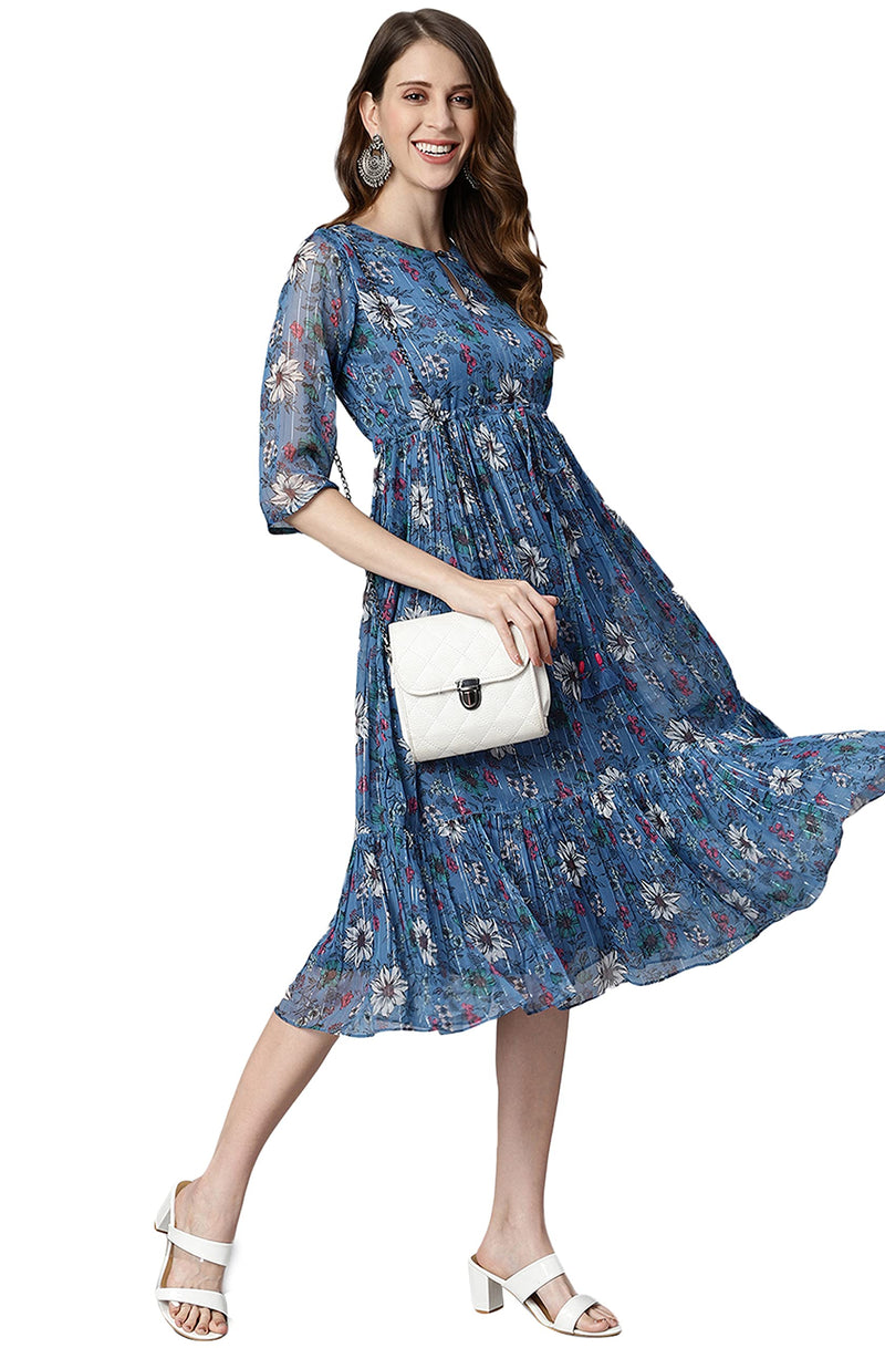 Janasya Women's Blue Poly Georgette Floral Flared Western Dress(J0341-DR-M)