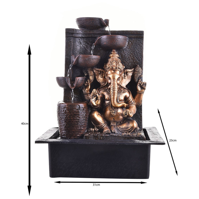 Indiana Craft Ganesha Polystone 5-Steps Indoor Table Top Fountain with LED Lights and Water Pump (Brown, Golden, 40 X 31 X 23 cm)