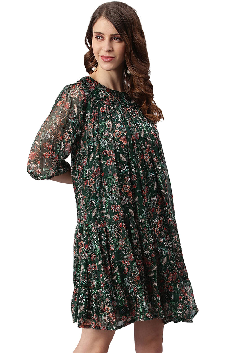 Janasya Women's Green Poly Georgette Floral Flared Western Dress(J0339-DR-L)