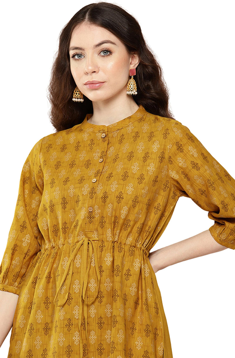 Janasya Women's Mustard Moss Ethnic Motif Foil Printed High Low Kurta(JNE4291-KR-XL)