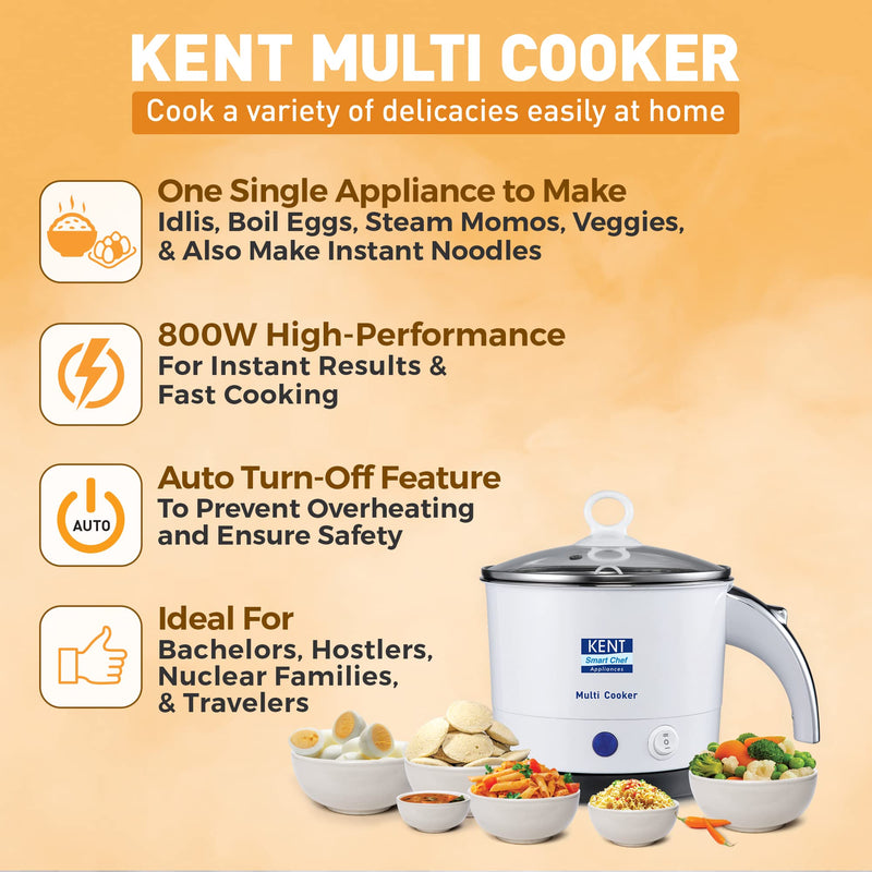 KENT Kettle Multicooker Cum Steamer 1.2 liters 800W| Boiling of Water, Tea ,Eggs , Instant Noodle Maker, Steaming idlis, Momos |Inner Stainless Steel without joint and welding & Cool Touch Outer Body