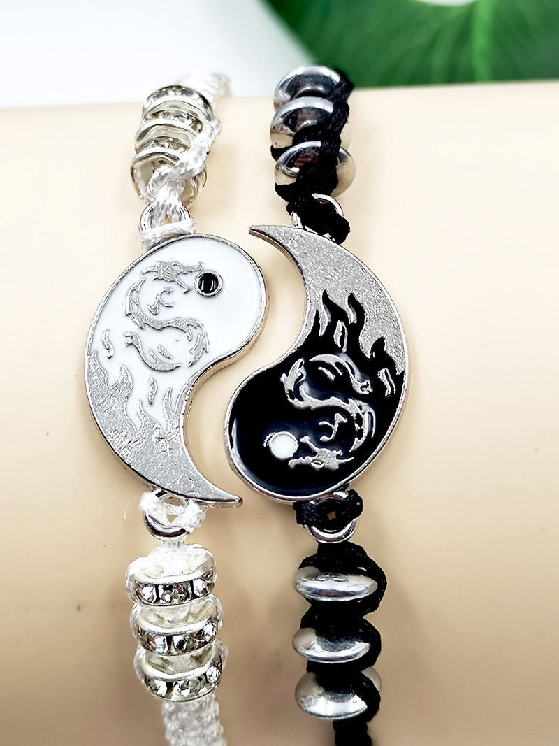 INENIMARTJ 4Pcs Yin Yang Matching Dragon Bracelet Necklaces Set for Women Men,Yin Yang Couple Bracelet Pendant Necklaces for Boyfriend Girlfriend Bff Best Friend Gift, Metal, No Gemstone