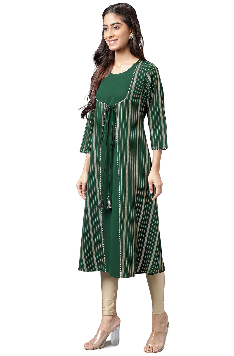 Janasya Women's Green Crepe Foil Printed A-Line Kurta(JNE4211-KR-XL)