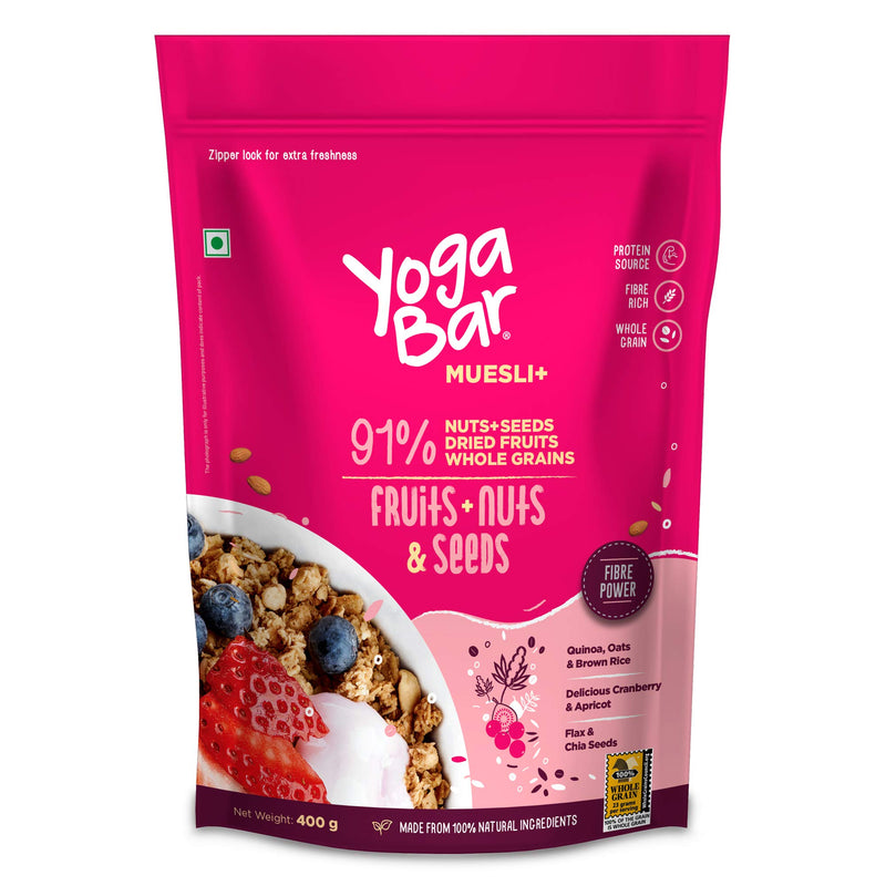 Yogabar Breakfast Cereal & Muesli | 91% Fruit and Nut + Seeds + Whole-Grains | 400g