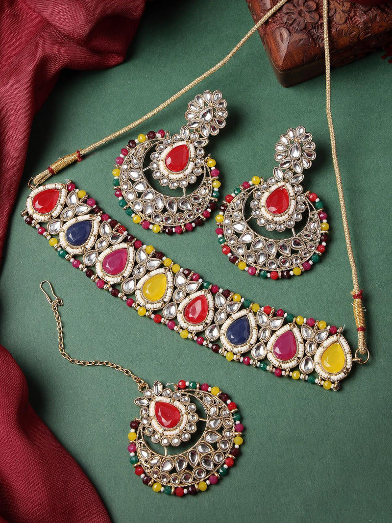 Sukkhi Incredible Drop Shaped Multicolor Kundan & Beads Choker Necklace Set With Earring And Maangtika | Jewellery Set For Women (NS105632)