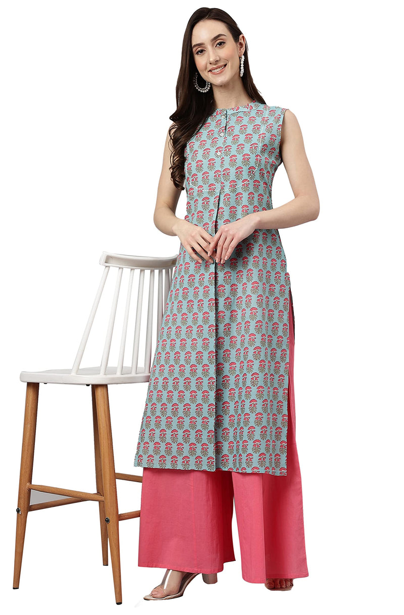 Janasya Women's Aqua Blue Cotton Block Print Straight Kurta(JNE4029-KR-XXXL)