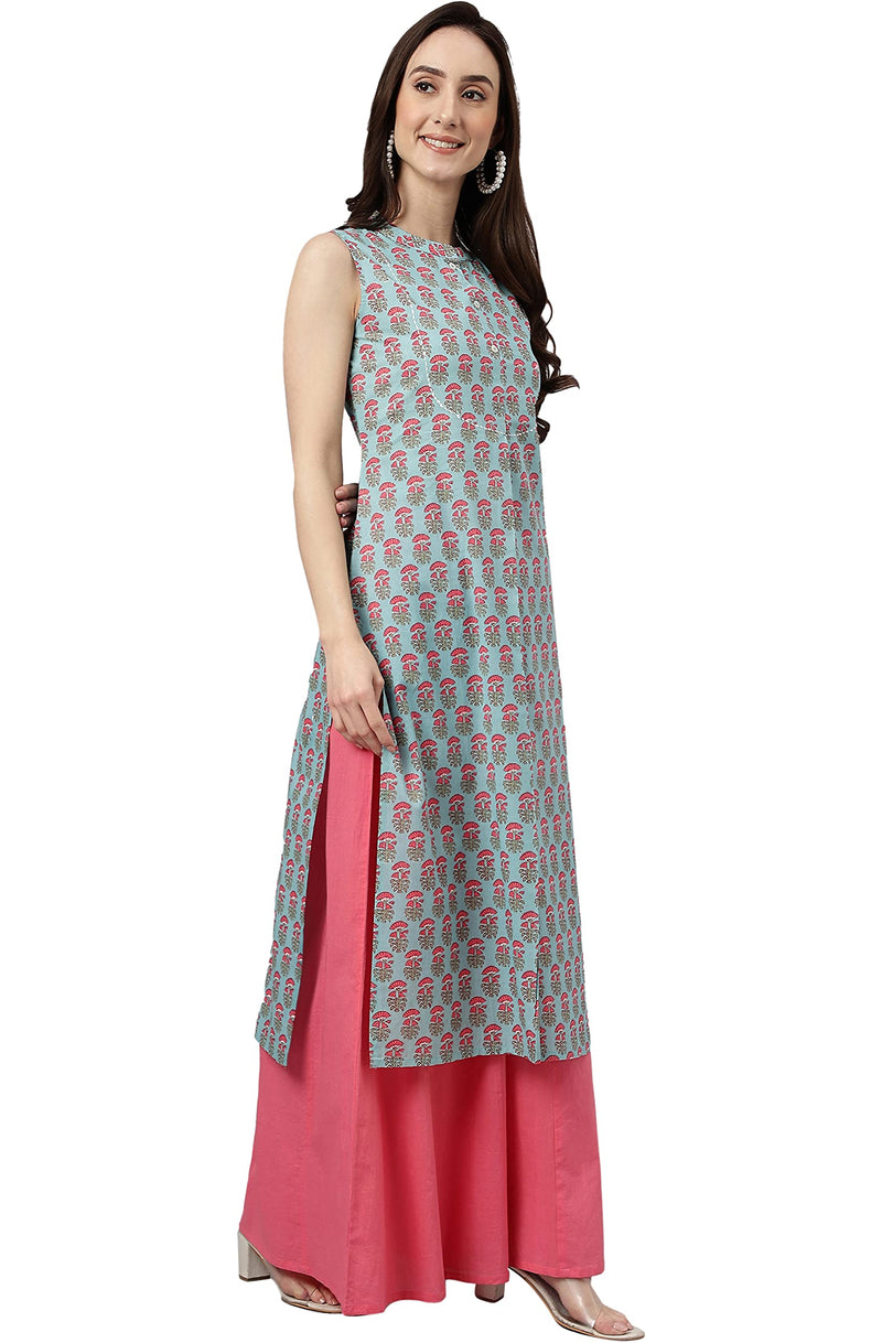 Janasya Women's Aqua Blue Cotton Block Print Straight Kurta(JNE4029-KR-XXXL)