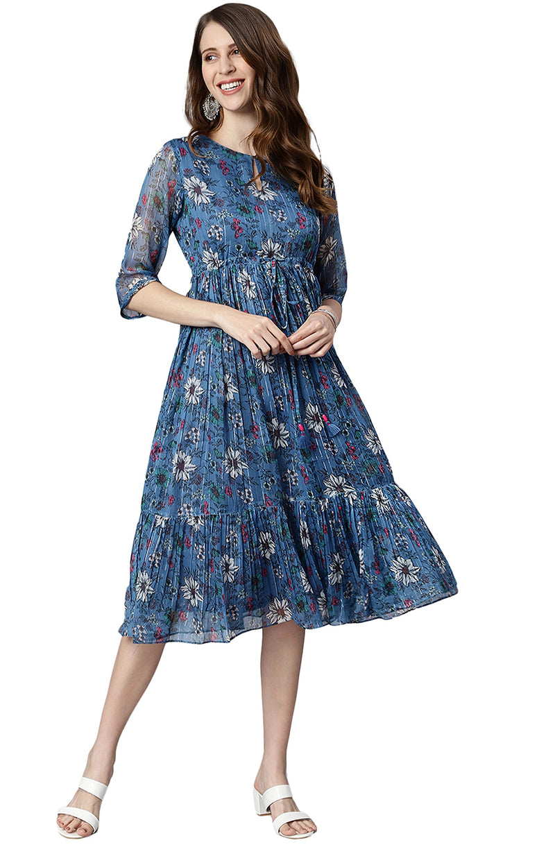 Janasya Women's Blue Poly Georgette Floral Flared Western Dress(J0341-DR-M)