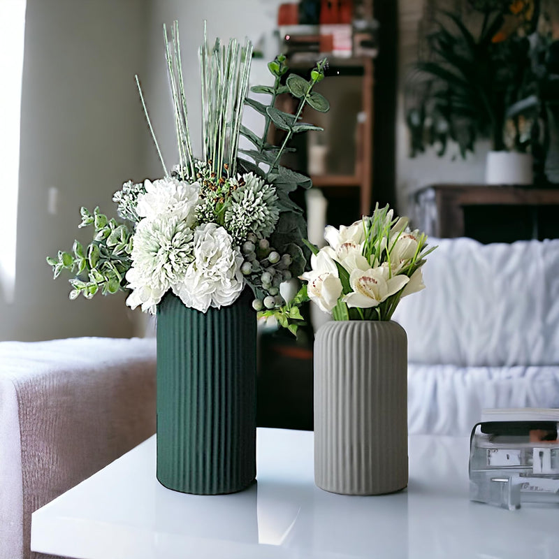 NEELAYA Premium Ribbed Ceramic Flower Vase for Living Room - Decorative Showpiece Plant Vases for Home Decor, Bedroom, Gift - Matte Finish - Set of 2 (Green - 20.5 cm & Grey -15.3 cm)