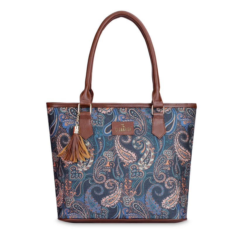 THE CLOWNFISH Aviva Printed Handicraft Fabric Handbag for Women Office Bag Ladies Shoulder Bag Tote for Women College Girls (Peacock Blue)