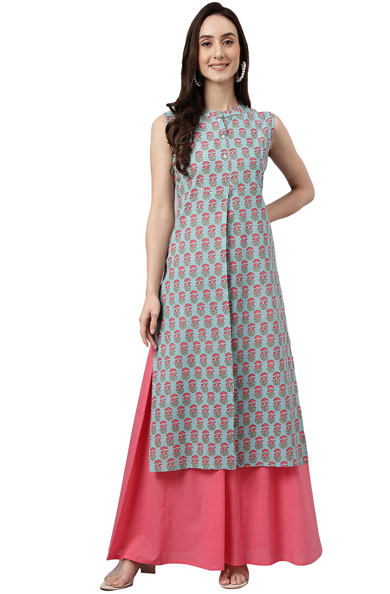 Janasya Women's Aqua Blue Cotton Block Print Straight Kurta(JNE4029-KR-XXXL)