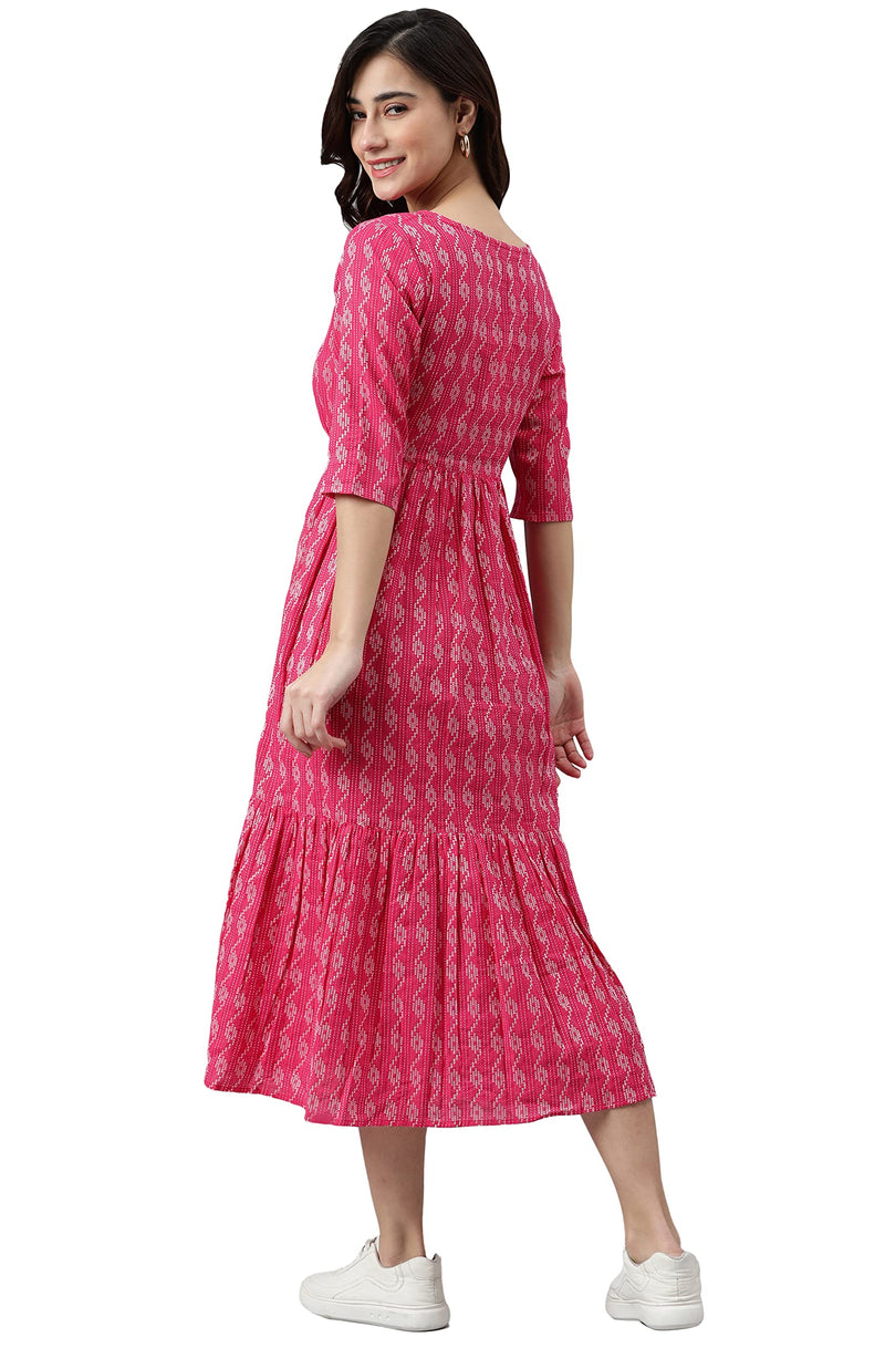 Janasya Women's Pink Cotton Woven Design Tiered Dress(JNE3869-DR-L)