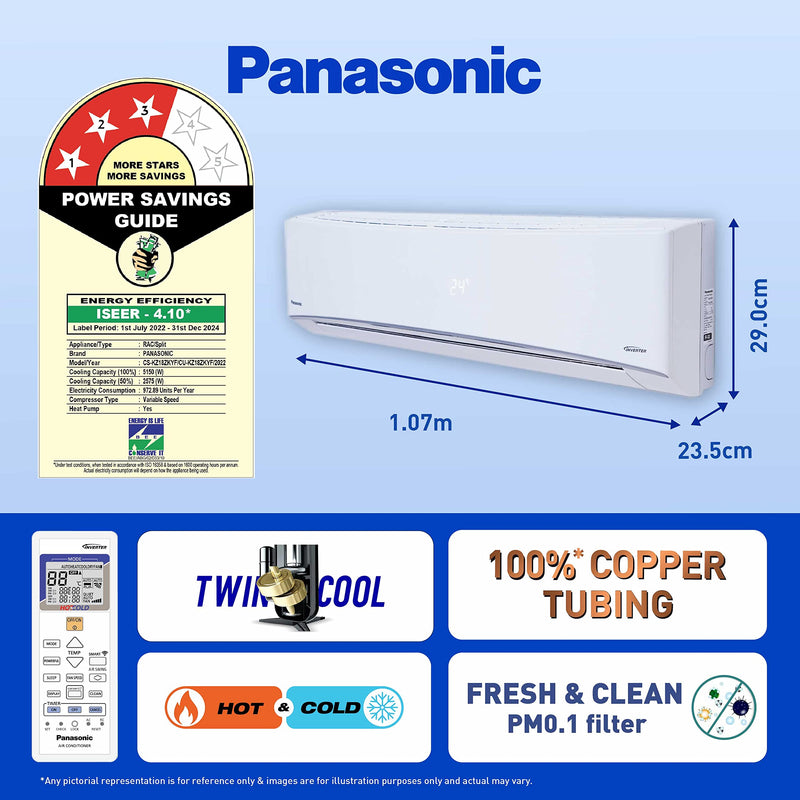 Panasonic 1.5 Ton 3 Star Hot and Cold Wi-Fi Inverter Smart Split AC (Copper, 7 in 1 Convertible with AI, Twin Cool, PM 0.1 Filter, CS/CU-KZ18ZKYF, 2023 Model, White)