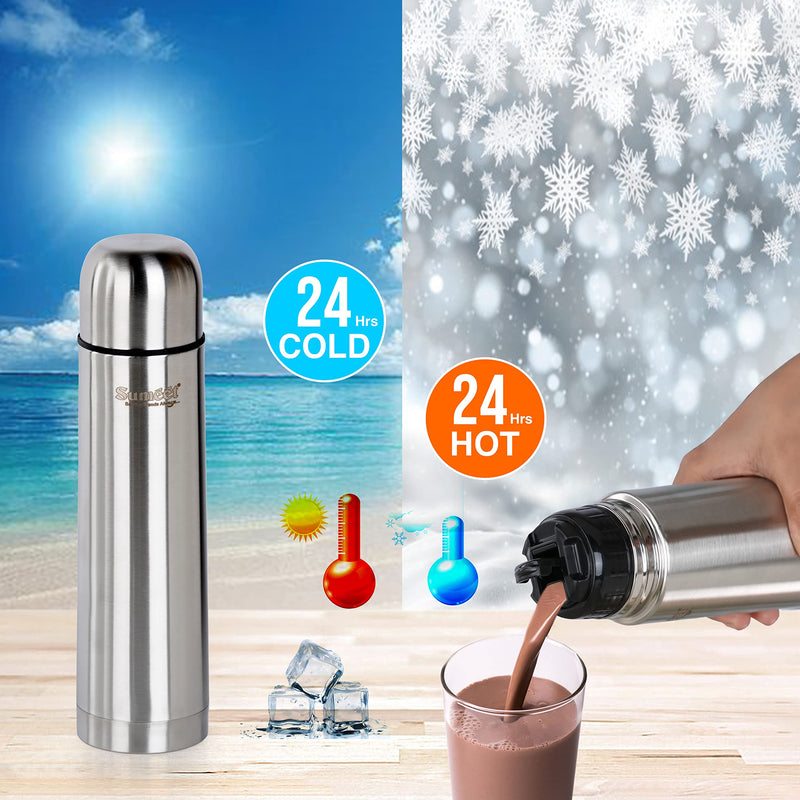 Sumeet Stainless Steel Double Walled Vacuum Flask/Water Bottle, with Flip Lid, 24 Hours Hot and Cold, 1000 ml, Silver - Set of 2 Pcs