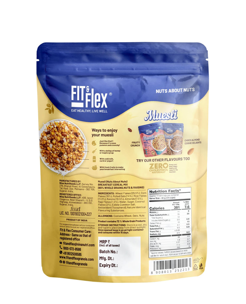 Fit & Flex Muesli Breakfast Baked and Crunchy Low Added Sugar Zero Cholesterol and Fibre Rich High In Protein Snacks Ready to Eat Healthy Oat Rich Cereal, Nuts About Nuts - Pack of 1, 450gm