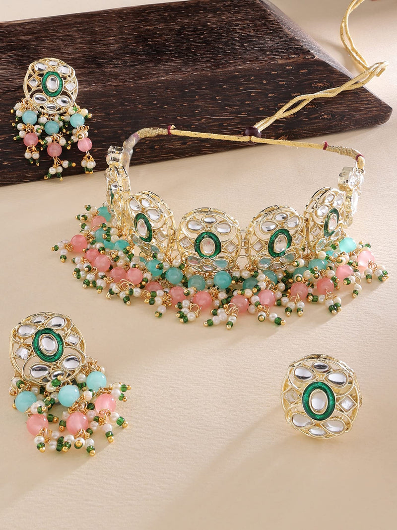 ZAVERI PEARLS Pink & Green Beads Cluster Drops Kundan Choker Necklace Earring & Ring Set For Women-ZPFK13800