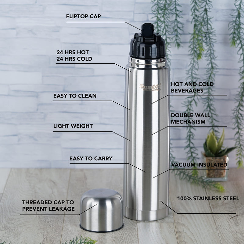 Sumeet Stainless Steel Double Walled Vacuum Flask/Water Bottle, with Flip Lid, 24 Hours Hot and Cold, 1000 ml, Silver - Set of 2 Pcs