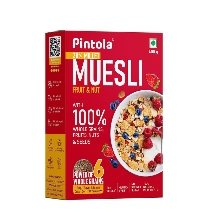 Pintola Fruit & Nut Muesli with 28% Millet & 68% Wholegrains (400g), Healthy-Fruity Breakfast cereal with 6 nuts, dried fruits & Dates, No Preservatives, No added sugar|Rich in Dietary Fibre & Protein