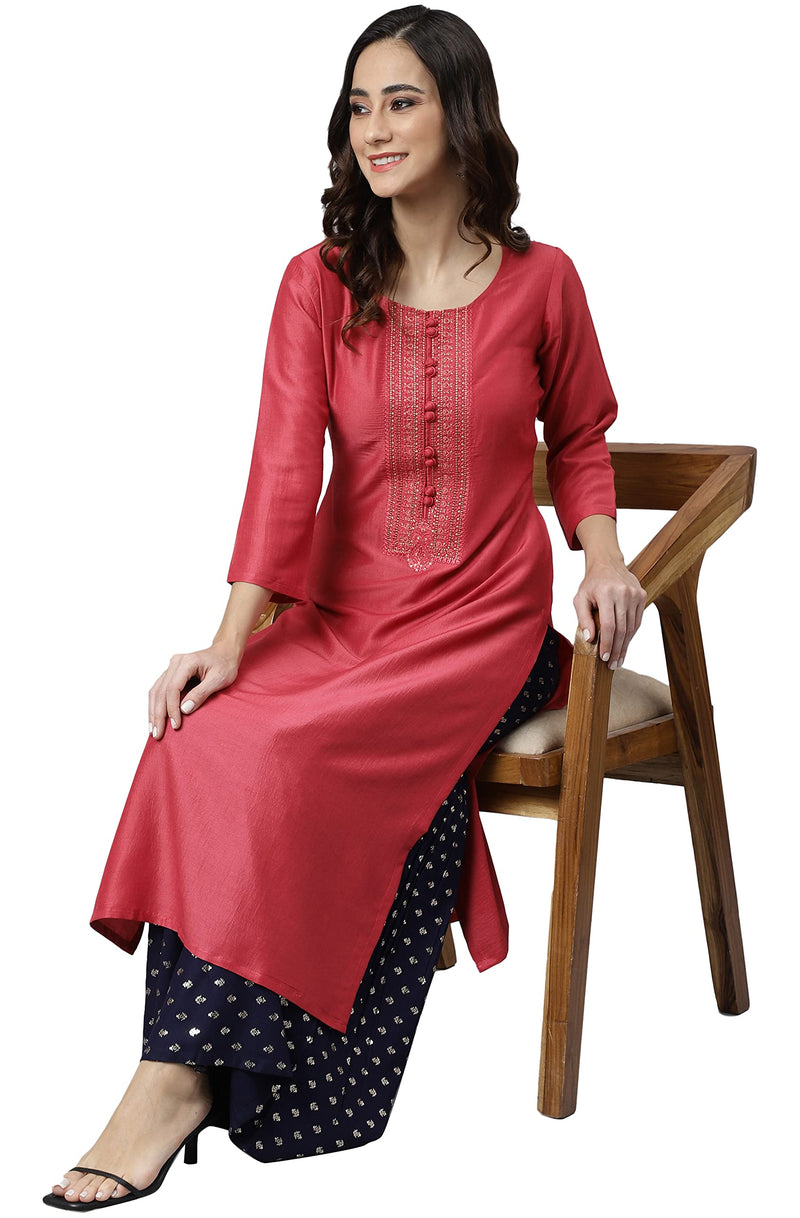 Janasya Women's Pink Poly Silk Embroidered Straight Kurta(JNE3982-KR-L)