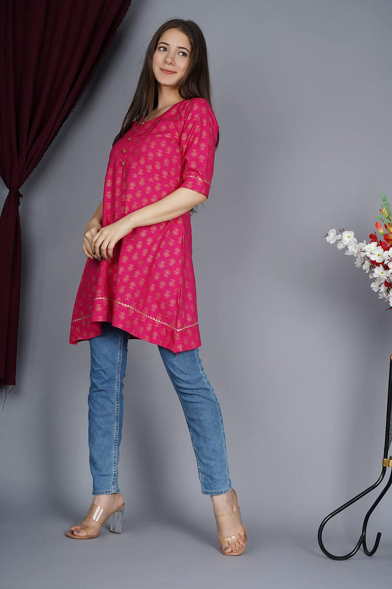 MEERA FAB Women's Cotton Regular Kurti (MF-175_Pink_Small)