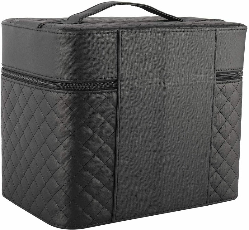 INOVERA (LABEL) Faux Leather Solid 18 Cms Professional Cosmetic Makeup Kit Storage Organizer Toiletry Vanity Bag With Foldable Tray & Mirror, Black