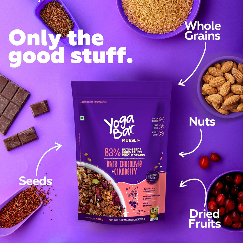 Yogabar Breakfast Oatmeal and Muesli Combo | Dark Chocolate Muesli 400g | Dark Chocolate Oats 400g | Gluten Free Muesli and Whole Oatmeal for Breakfast