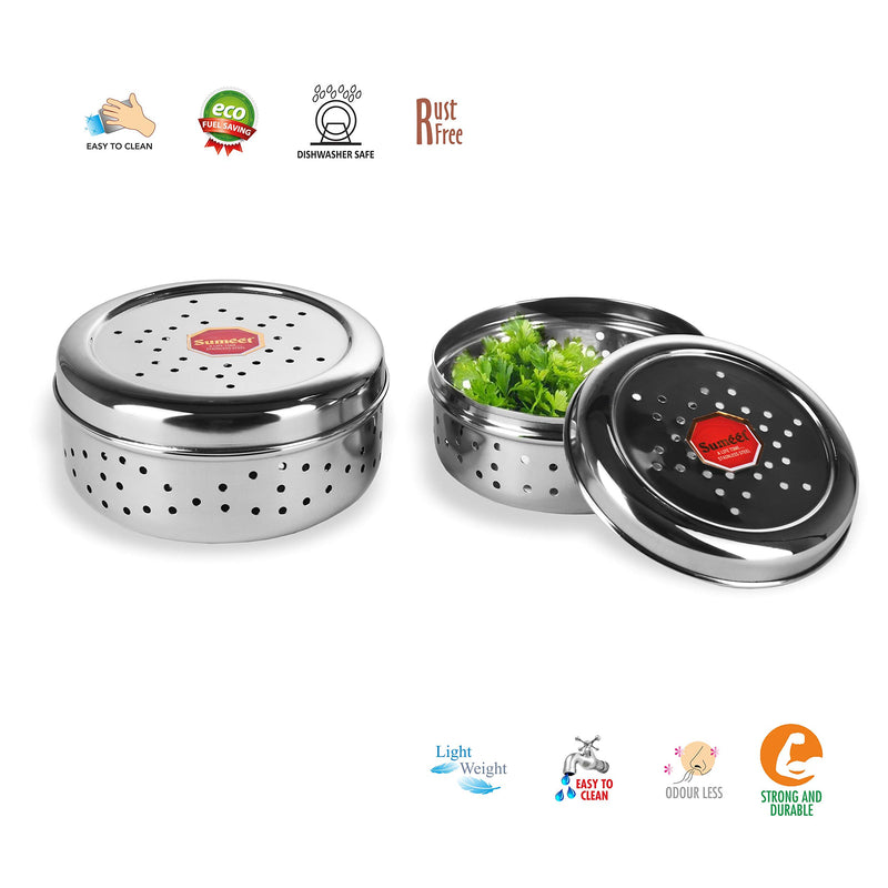 Sumeet Stainless Steel Hole Puri Dabbas/Sprout Maker/Flat Canisters with Air Ventilation Size No.7-11 cm Dia & No. 8-12.5 cm Dia