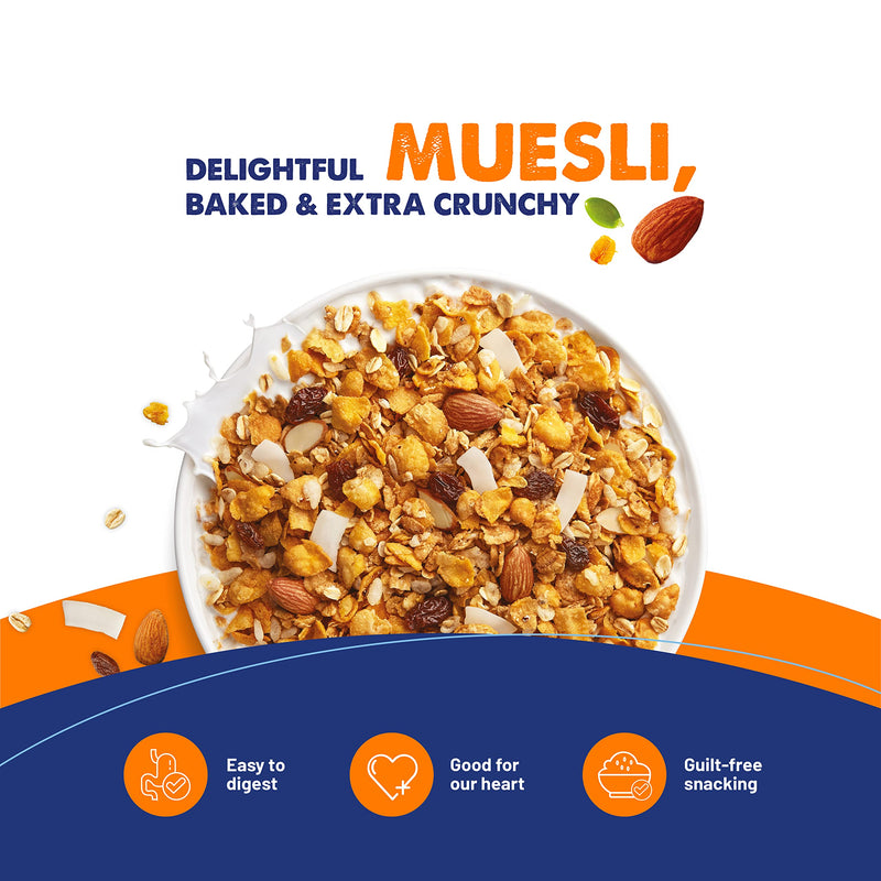 Fit & Flex Muesli Breakfast Baked and Crunchy Low Added Sugar Zero Cholesterol and Fibre Rich High In Protein Snacks Ready to Eat Healthy Oat Rich Cereal, Nuts About Nuts - Pack of 1, 450gm