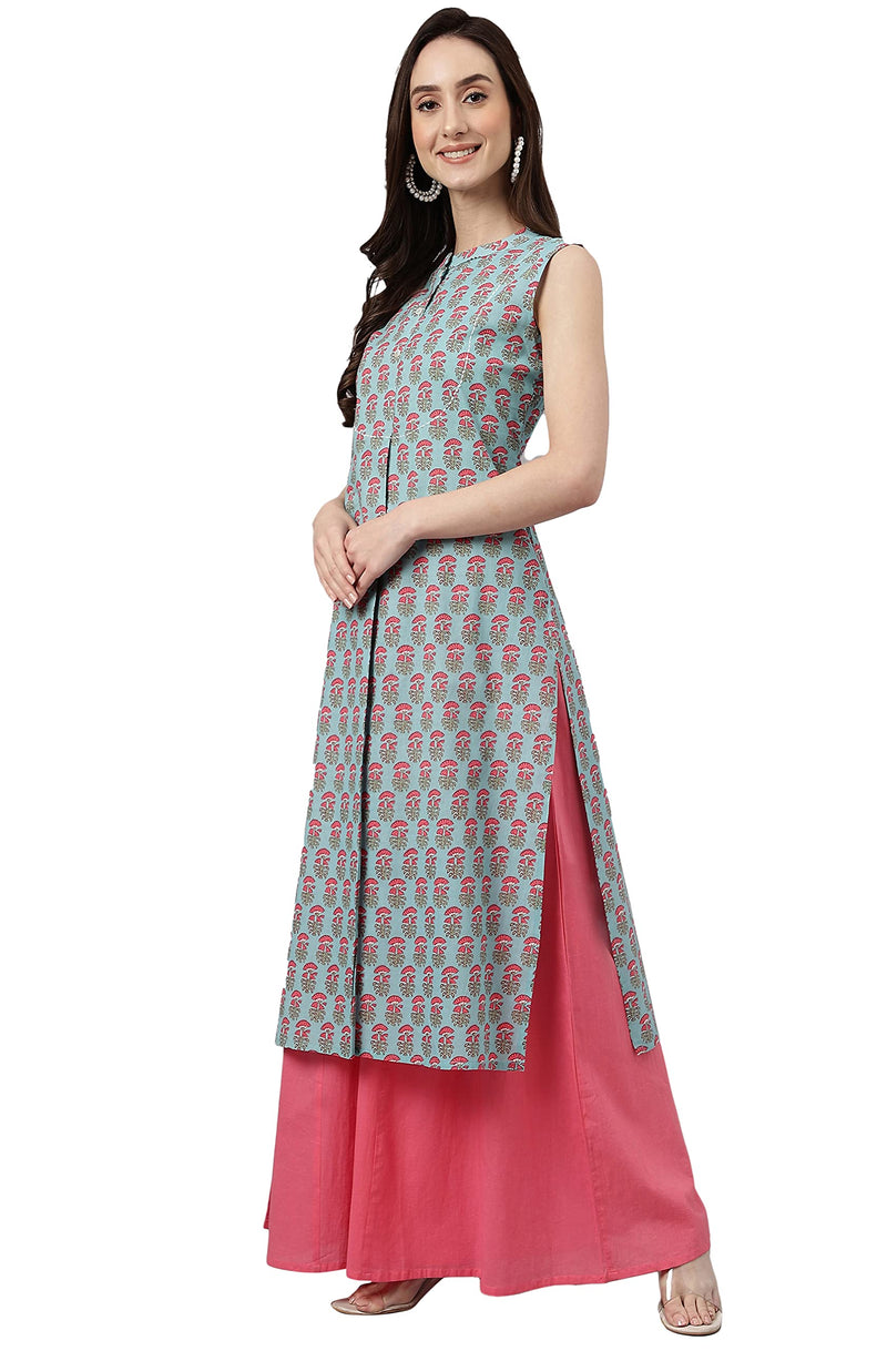 Janasya Women's Aqua Blue Cotton Block Print Straight Kurta(JNE4029-KR-XXXL)