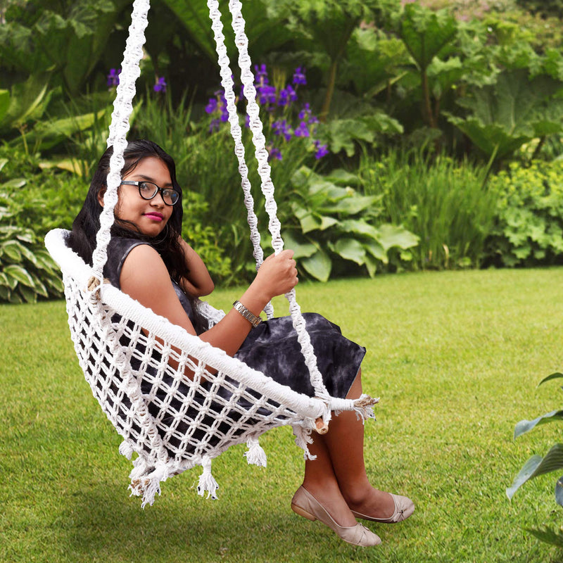 Halder Jute Regular Indoor Outdoor D Shape Hanging Swing Chair (Cotton, White, 150 * 65 * 72 cm)