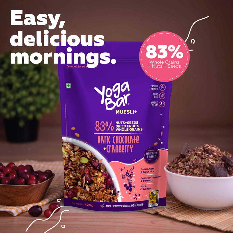 Yogabar Wholegrain Breakfast Muesli - Dark Chocolate + Cranberry,400g| Healthy Breakfast Cereals | Granola | Gluten Free | Antioxidant Rich | Healthy Food for Breakfast | Protein Rich