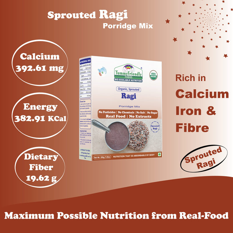 TummyFriendly Foods Certified Organic Sprouted Ragi Flour For Little Ones. Made of Organic Sprouted Ragi Powder | Ragi Flour for Baby, rich in Calcium, Iron, Fibre & Micro-Nutrients. Ragi Sari Nachani Satva. No Sugar, No Salt, No Milk, No Chemicals, No Pe