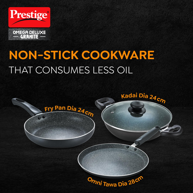 Prestige Omega Deluxe Granite Aluminium 3 Pcs Set- Tawa, Fry Pan & Kadai with 1 Glass Lid|Non-Stick|Spatter-Coated Surface|Induction & Gas Compatible|Black