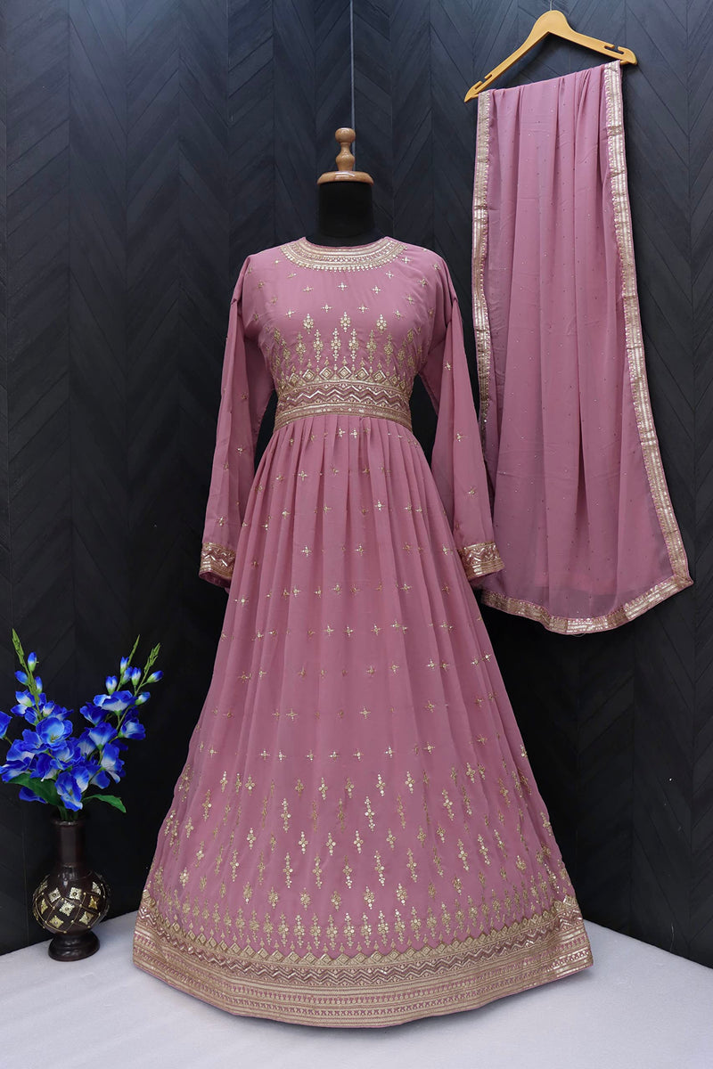 RUDRAPRAYAG Georgette Embroidered Semi-Stitched Gown for Women Lavender